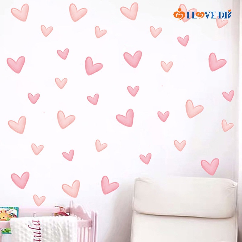Set 6 Tấm Sticker Dán Tường PVC Chống Thấm Nước Hình Trái Tim Màu Hồng Trang Trí Phòng Khách / Phòng Ngủ Cho Bé