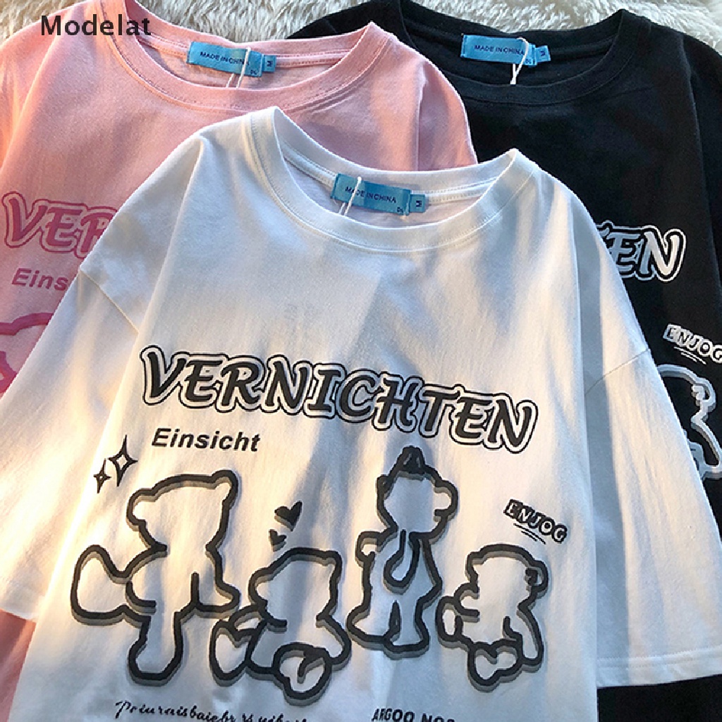 Áo Thun Tay Ngắn Cổ Tròn Dáng Rộng In Hình Gấu Kiểu Retro Mỹ Dễ Thương Cho Nữ