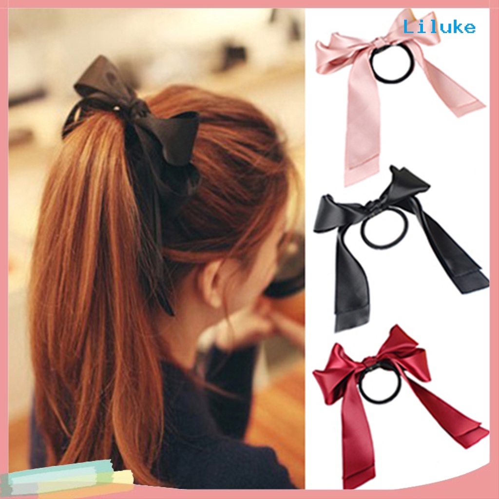 Dây Buộc Tóc Satin Màu Trơn Thắt Nơ Xinh Xắn Cho Nữ Giá Đỡ