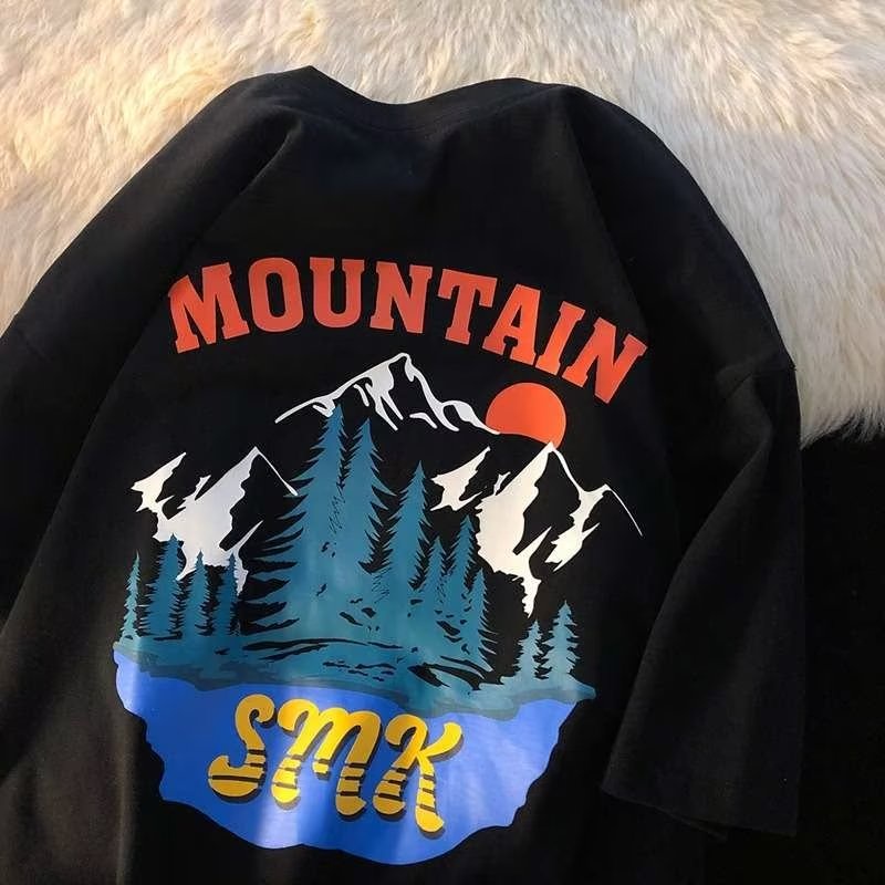 Áo Thun Cotton Tay Ngắn Dáng Rộng In Hình Núi Tuyết / Gấu Nâu Kiểu Retro Mỹ Chất Lượng Cao Cho Nam