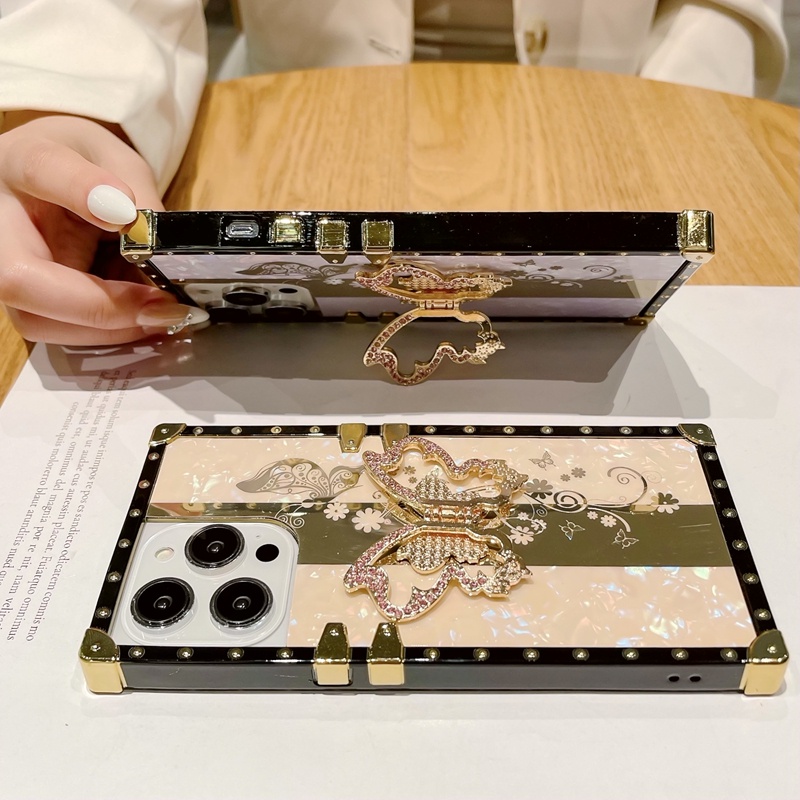Ốp Điện Thoại Dạng Vuông Có Giá Đỡ Hình Hoa Bướm Cho iPhone 14promax 14pro 14 plus 13 13promax 12 / 12pro 11promax Xsmax XR