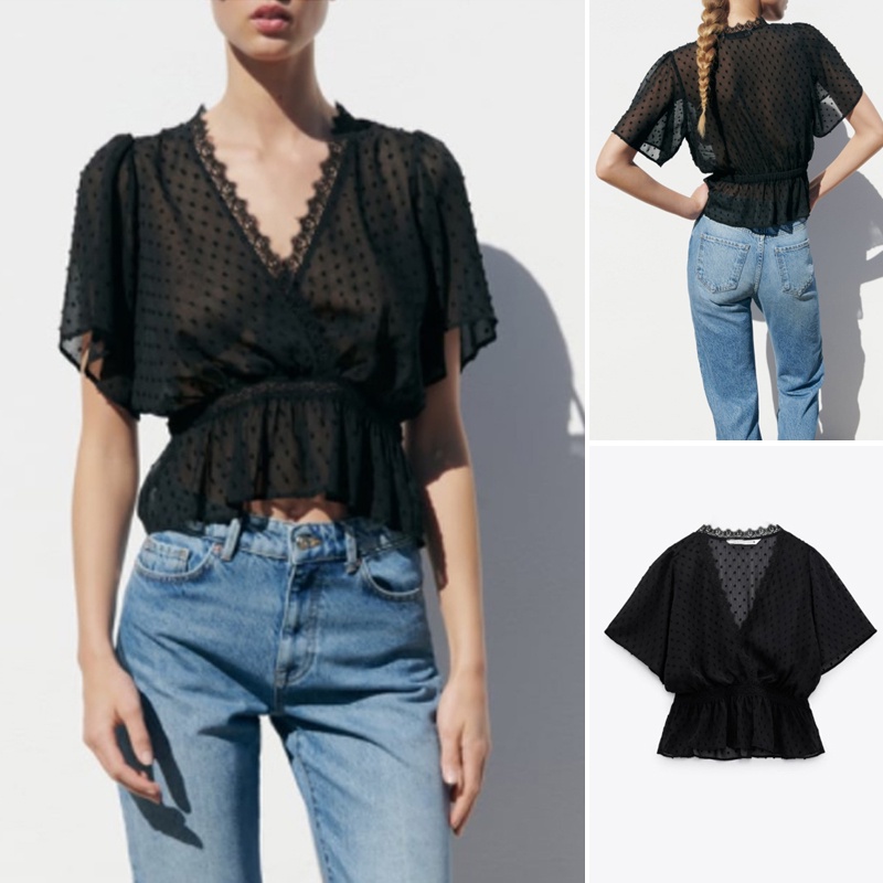 Áo Sơ Mi Tay Ngắn Cổ Chữ V Họa Tiết Chấm Bi Phối Ren Phong Cách Mới Dành Cho Nữ 232793809