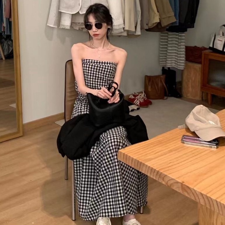 Set Áo 2 Dây + Quần Dài Kẻ Sọc Caro Trắng Đen Phong Cách Pháp Thời Trang Mùa Hè Cho Nữ