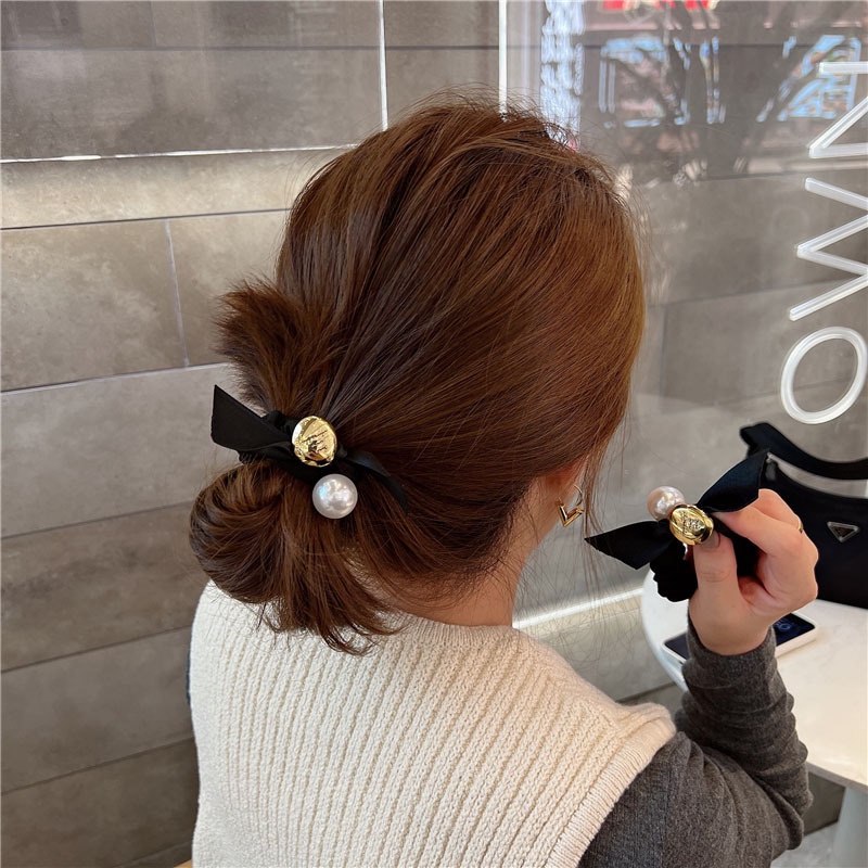 Dây Cột Tóc Cao Su Đính Hạt Ngọc Trai / Nơ Ruy Băng Dễ Phối Đồ