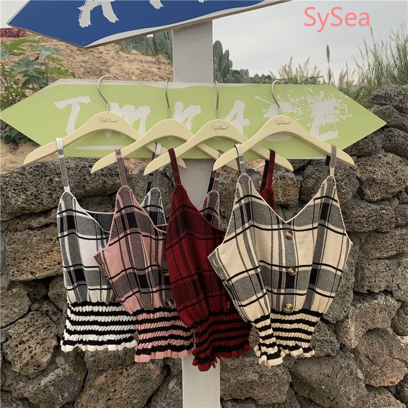 Áo Hai Dây Dệt Kim Cổ Chữ V Xếp Ly Thời Trang Mùa Hè Cho Nữ