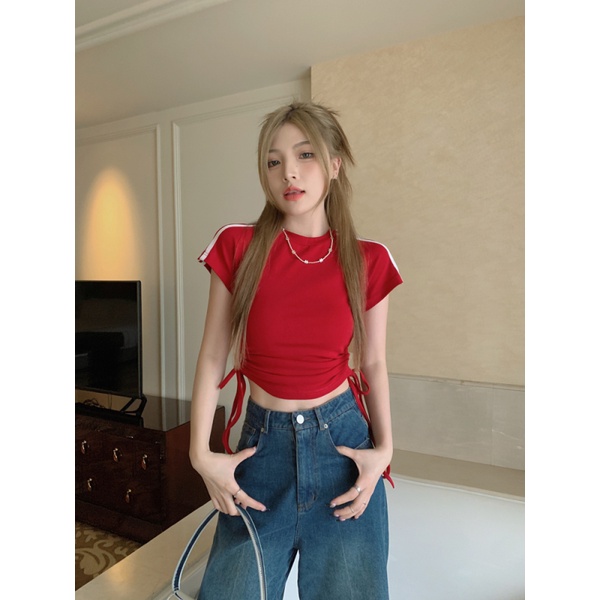 Áo croptop ZWQFP ngắn tay cổ tròn phối dây rút ôm dáng thời trang mùa hè dành cho nữ