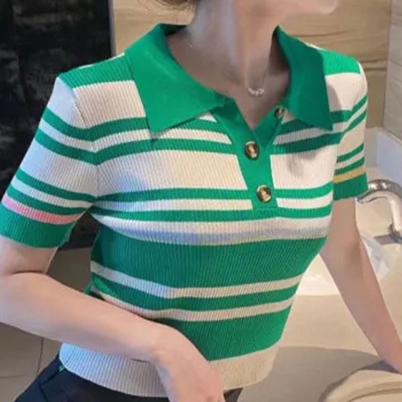 Áo polo Ngắn Tay Họa Tiết Sọc Ngang Thời Trang Dành Cho Nữ