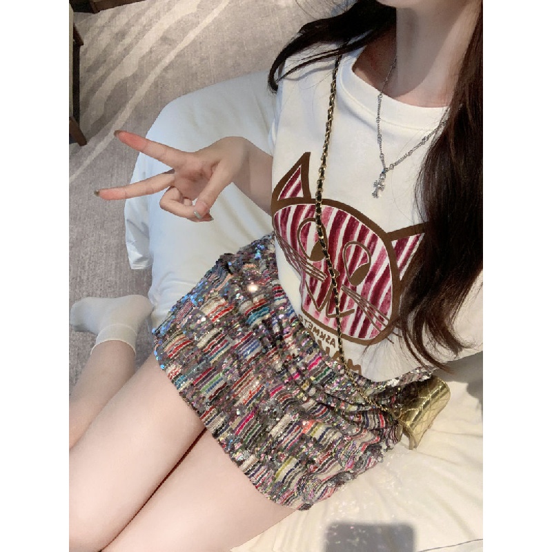 New fashion all-match printed T-shirt heavy industry color sequin short skirt set for girls personalized printed short sleeve T-shirt beaded personalized contrast color short skirt two-piece set
