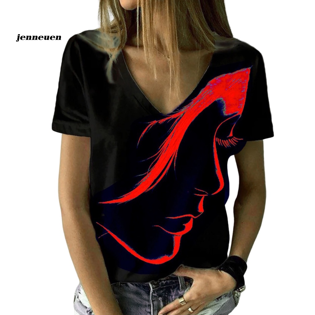 Áo Thun Tay Ngắn Cổ Chữ V In Hình Khuôn Mặt Thời Trang Dành Cho Nữ