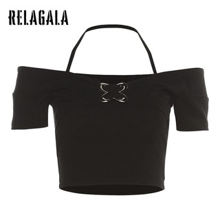 RelaGala Nữ Thời Trang Mới Màu Trơn Ôm Treo Cổ Tắt Vai Áo Thun Nữ Tay Ngắn Gợi Cảm