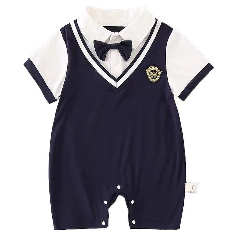 Bộ Áo Liền Quần Giả Hai Mảnh Tay Ngắn Thắt Nơ Phong Cách Quý Ông Thời Trang Mùa Hè Dành Cho Bé Trai