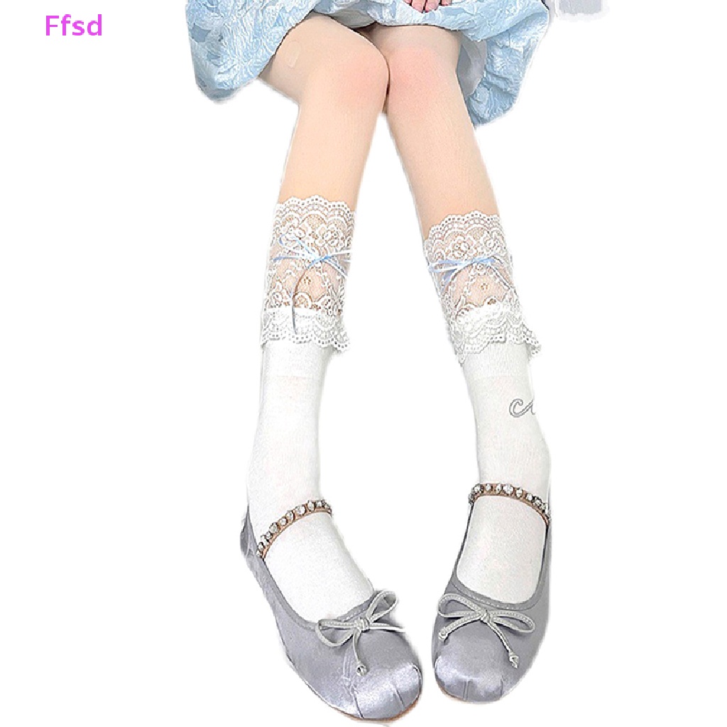 {Ffsd} 1 Đôi Tất Ống Dài Ngang Bắp Chân Phối Ren Rỗng Đính Nơ Phong Cách Lolita Dành Cho Nữ * Bán Chạy