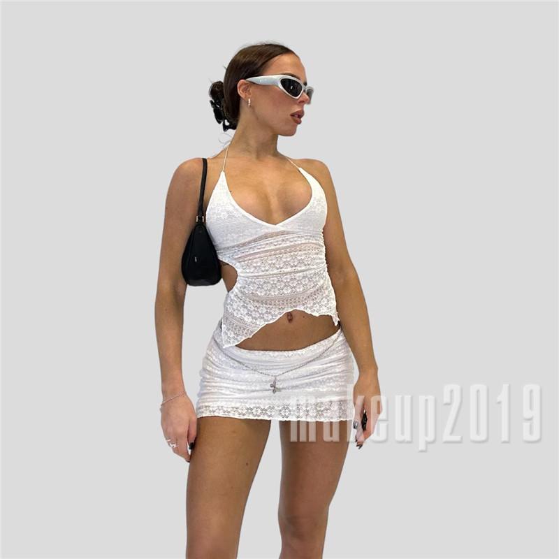 Bộ Áo Croptop Không Tay Màu Trơn Phối Ren + Chân Váy Mini y2k Thời Trang Cho Nữ