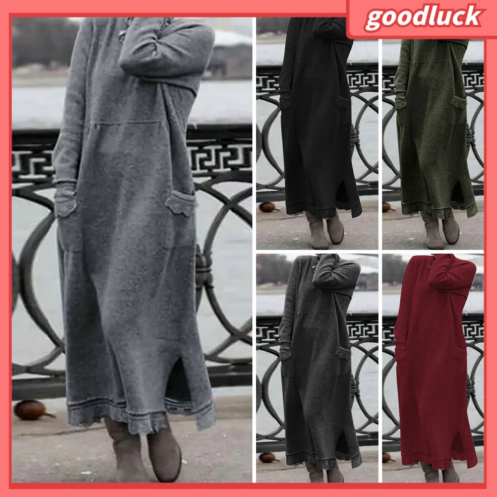 Đầm Maxi Chui Đầu Tay Dài Phối Ren Có Túi Lót Lông Cừu Màu Trơn Ấm Áp Mùa Thu Đông
