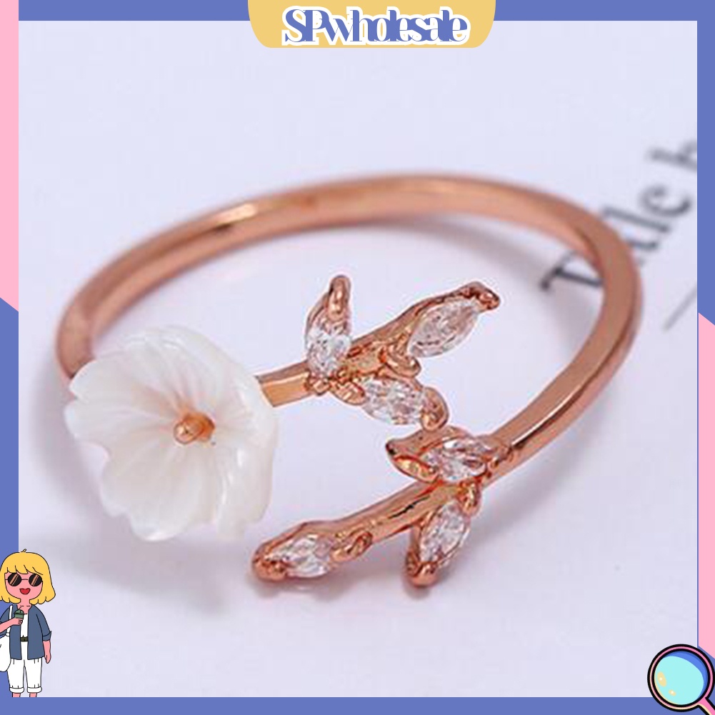 <SPwholesale> Nhẫn Hợp Kim Hở Hình Cành Hoa Vỏ Sò Đính Đá Thời Trang Cho Nữ
