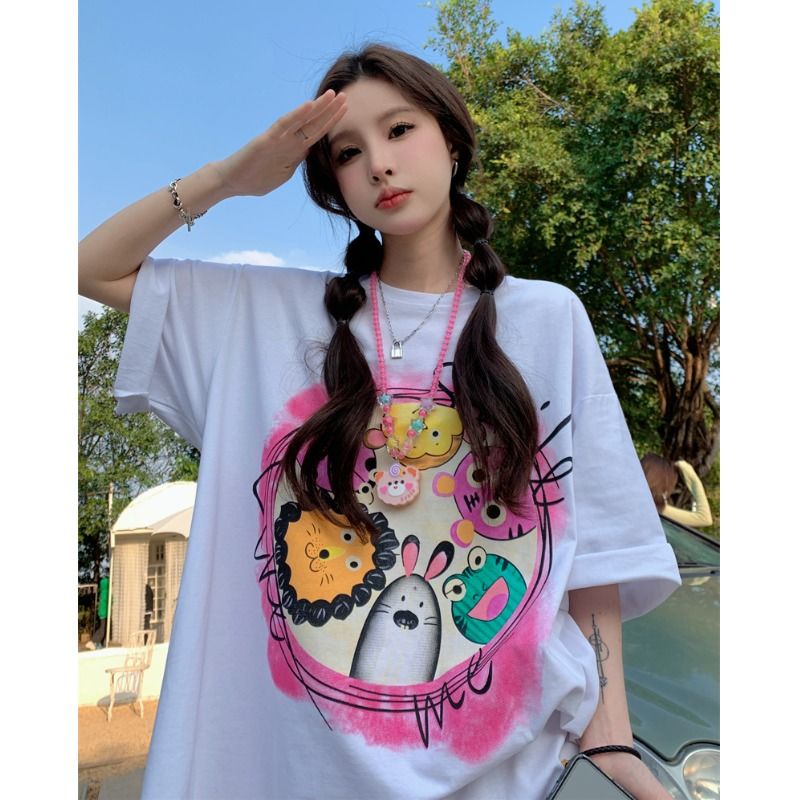 Jiashucheng Áo Thun Nữ Ngắn Tay Dáng Rộng Màu Hồng Trẻ Trung