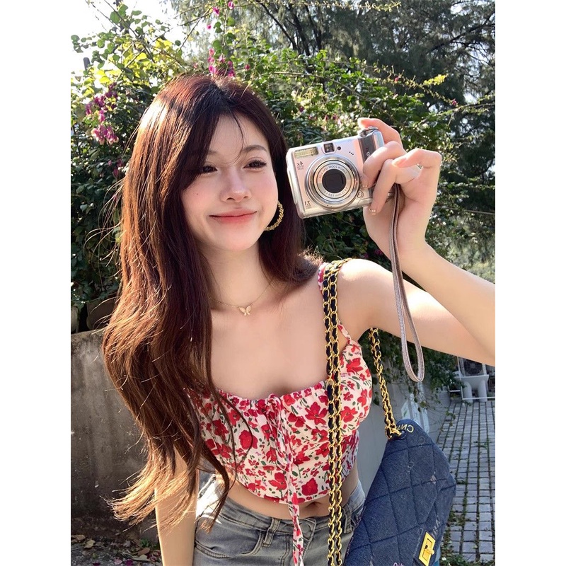 Jiashucheng Áo Hai Dây Ngắn Mỏng Màu Trơn Có Dây Cột Bên Trong Mặc Ngoài Cho Nữ