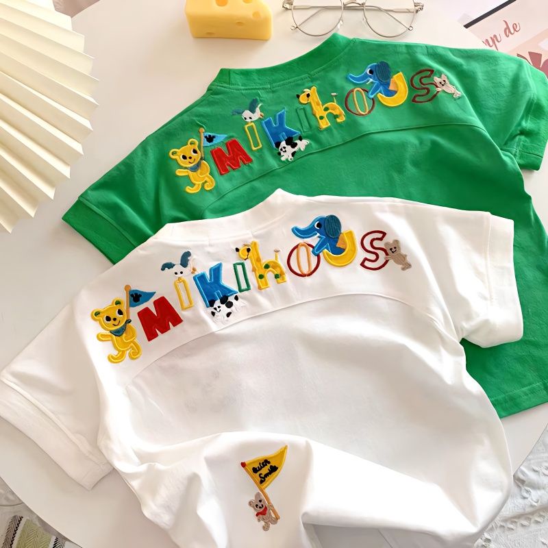 Áo Thun 100% cotton Tay Ngắn Thêu Họa Tiết Hoạt Hình Phong Cách Phương Tây Cho Bé