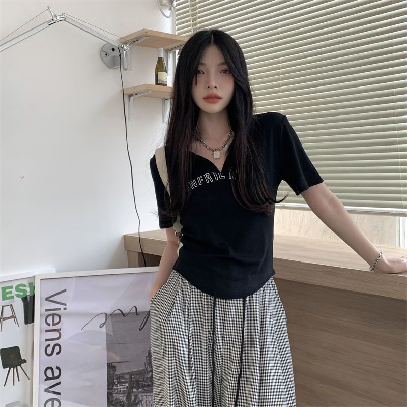 COZOKC Áo Thun Tay Ngắn Cổ Chữ V In Chữ Phong Cách Vintage