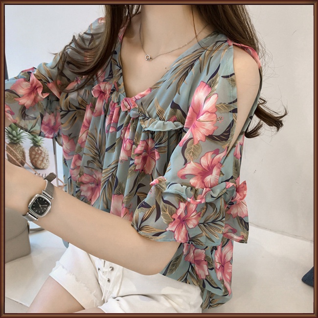 Áo Sơ Mi Chiffon Tay Loe Cổ Chữ V Dáng Rộng In Họa Tiết Thời Trang Cho Nữ
