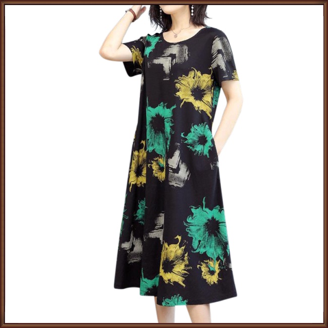 Đầm Cổ Tròn Dáng Rộng Chiết Eo In Họa Tiết Thời Trang Xinh Xắn Cho Nữ