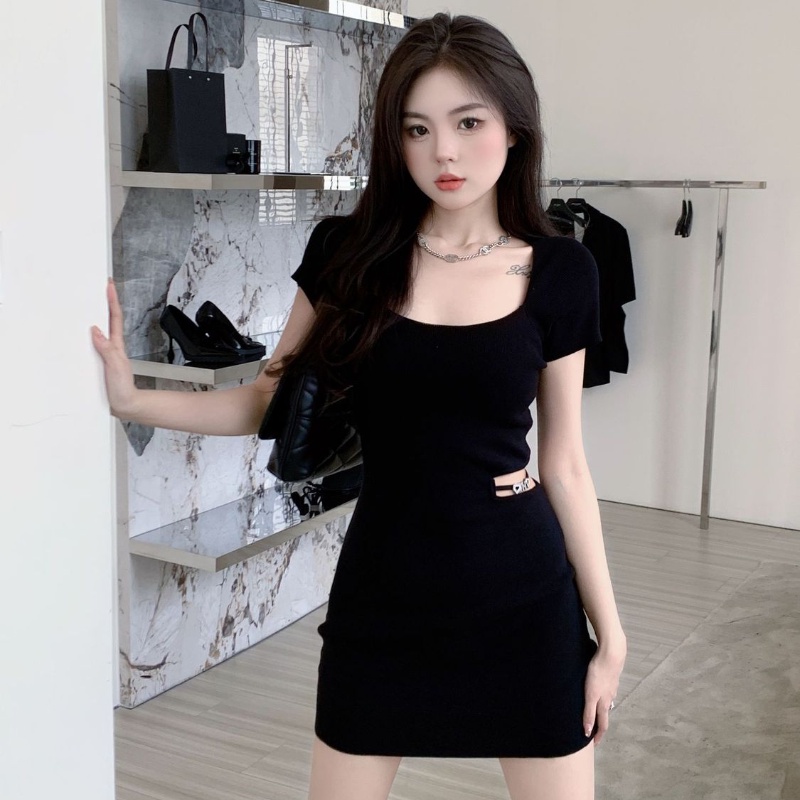 COZOK Đầm Tay Ngắn Dáng Ôm Thiết Kế Khoét Lỗ Thời Trang Quyến Rũ Cho Nữ