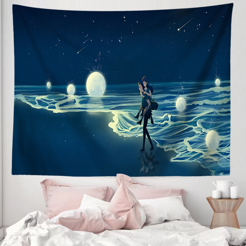 Thảm Treo Tường Bằng Polyester In Hình Cá Voi Và Cô Gái Trong Đám Mây Kèm Kẹp Trang Trí Phòng Ngủ