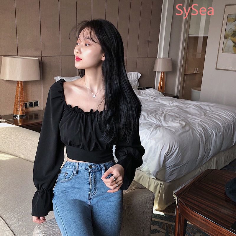 Áo Kiểu Tay Phồng Cổ Vuông Phối Ren Phong Cách Pháp Xinh Xắn Cho Nữ