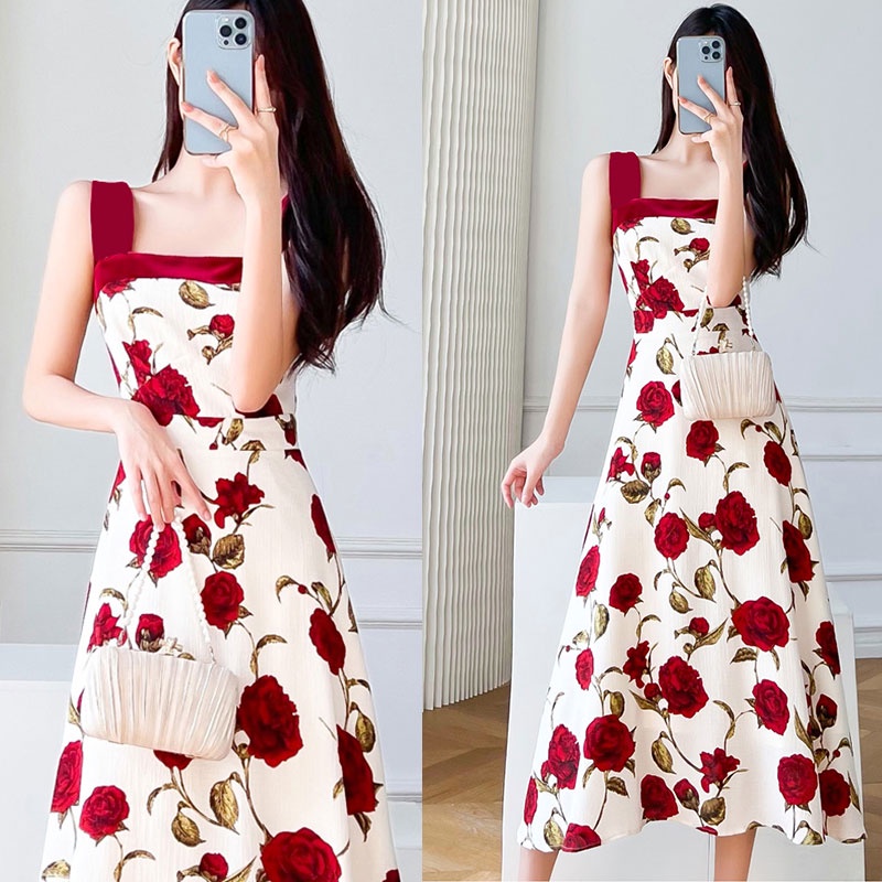 Vintage phong cách hoa hồng in đầm cho phụ nữ mùa hè ánh sáng chín gió sling váy hka067