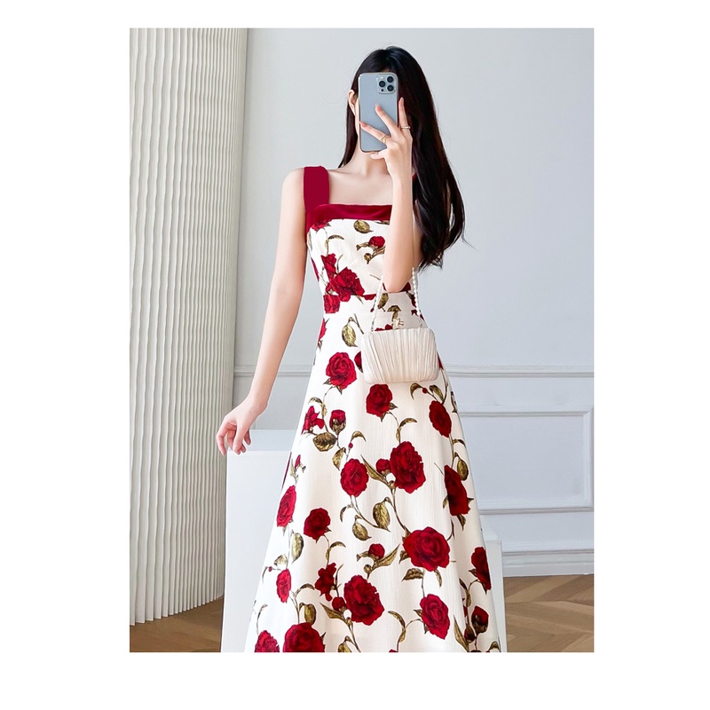 Vintage phong cách hoa hồng in đầm cho phụ nữ mùa hè ánh sáng chín gió sling váy hka067