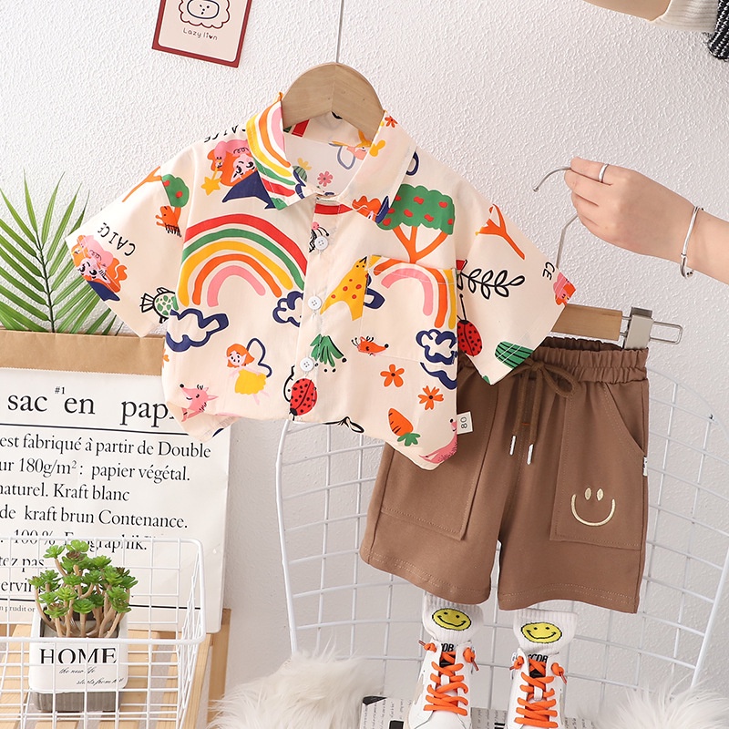 Set đồ bé trai áo sơ mi tay ngắn họa tiết quần đùi MINTSCLOSET Mint's Closet màu kem mùa hè bé 1 2 3 4 5 tuổi - TN3188