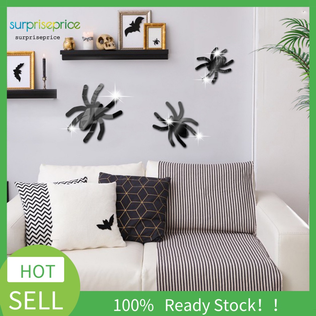 Set 3 Decal dán tường Mặt Gương Hình Nhện 3D Sống Động Chống Nước Có Thể Tháo Gỡ Trang Trí Tiệc Tù