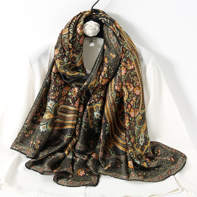 Khăn Choàng Lụa Satin 180 * 90CM In Họa Tiết Hoa Cổ Điển Thoáng Khí Mềm Mại