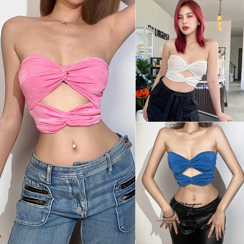 Áo Croptop Trễ Vai Hở Lưng Màu Trơn Phong Cách Đường Phố CY03