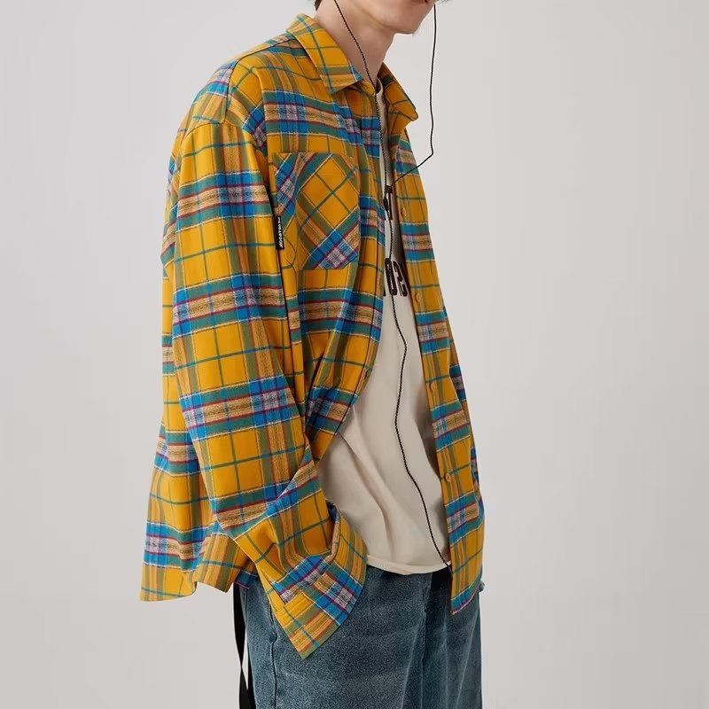 Áo Khoác Sơ Mi Caro Vàng Tay Dài Dáng Rộng Trẻ Trung Hợp Thời Trang Cho Cặp Đôi