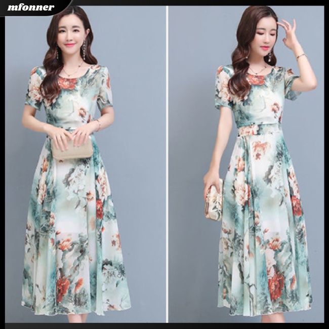 Đầm Dài Cổ Tròn Tay Ngắn Eo Cao In Họa Tiết Hoa Thời Trang Mùa Hè Xinh Xắn Cho Nữ