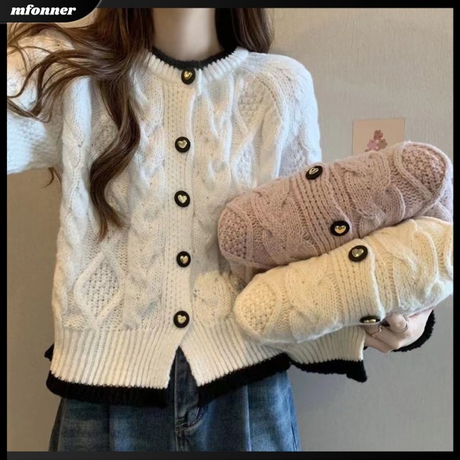 Áo Cardigan Dệt Kim Tay Dài Cổ Tròn Màu Sắc Tương Phản Thời Trang Cho Nữ