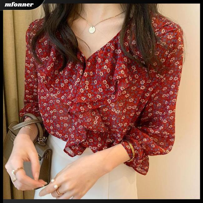 Áo Sơ Mi Chiffon Tay Dài Cổ Chữ V Họa Tiết Hoa Dáng Rộng Thời Trang Cho Nữ