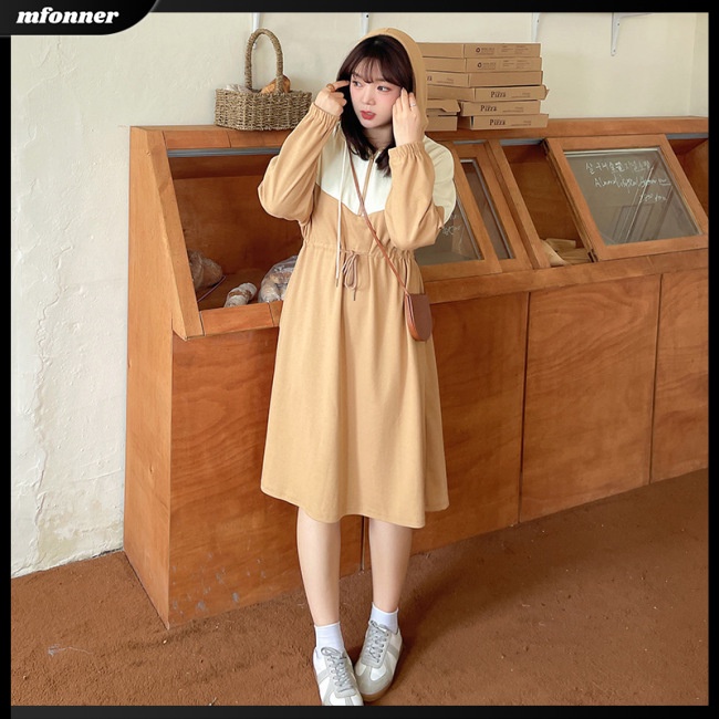 Đầm Thể Thao Tay Dài Có Mũ Trùm Phối Dây Rút Màu Sắc Tương Phản Cá Tính Cho Nữ