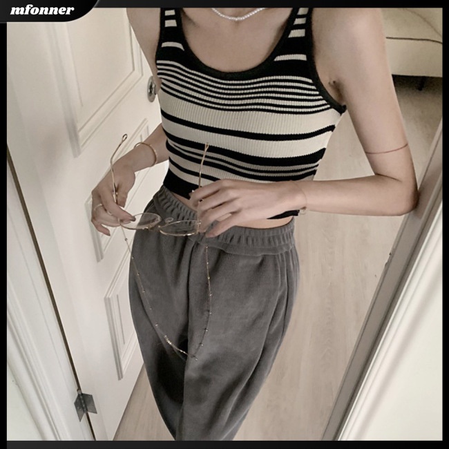 Áo Croptop Dệt Kim Hai Dây Ôm Dáng Họa Tiết Kẻ Sọc Màu Sắc Tương Phản Thời Trang Mùa Hè Cho