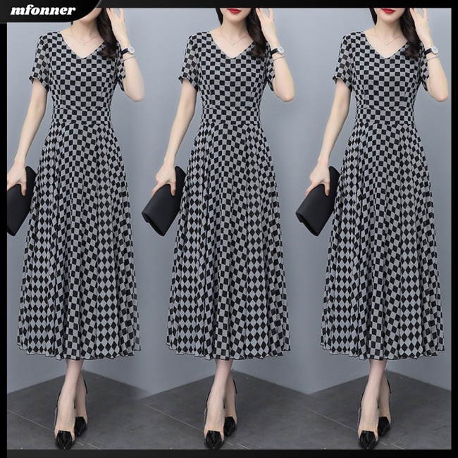 Đầm Midi Tay Ngắn Cổ Chữ V Họa Tiết Caro Thời Trang Mùa Hè Cho Nữ