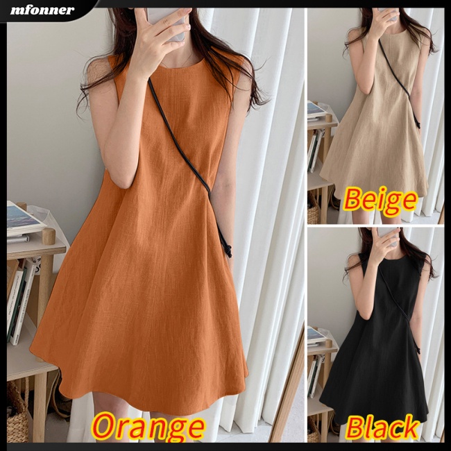 Đầm Chữ A Vải Lanh Cotton Sát Nách Cổ Tròn Màu Sắc Đơn Giản Cho Nữ