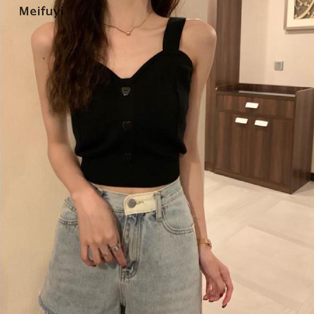 Áo Croptop Dệt Kim Hai Dây Cổ Chữ V Cài Nút Hình Trái Tim Thời Trang Mùa Hè Cho Nữ