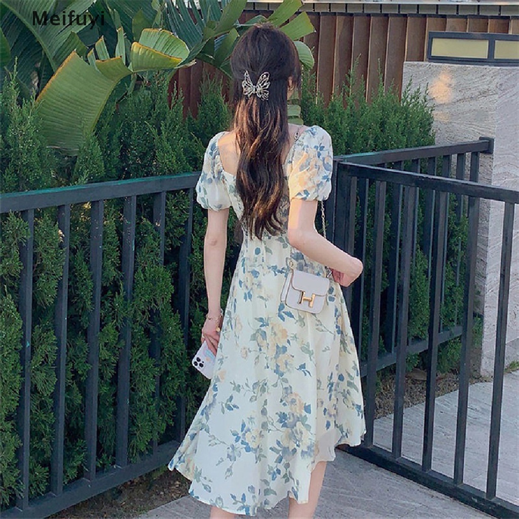 Đầm Tay Phồng Cổ Vuông In Họa Tiết Hoa Phong Cách Boho Thời Trang Mùa Hè Pháp