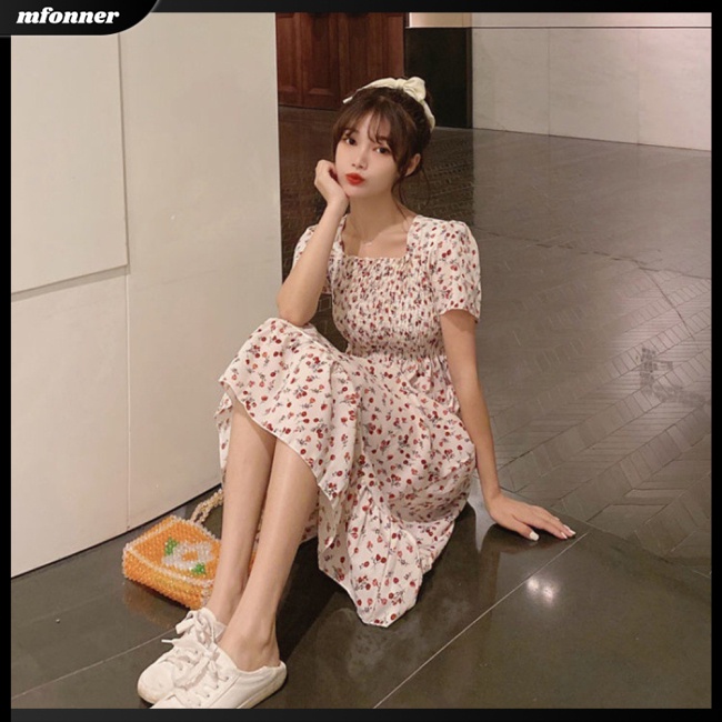 Đầm Chiffon Cổ Vuông Họa Tiết Hoa Phong Cách Pháp Ngọt Ngào Thời Trang Xuân Hè Cho Nữ