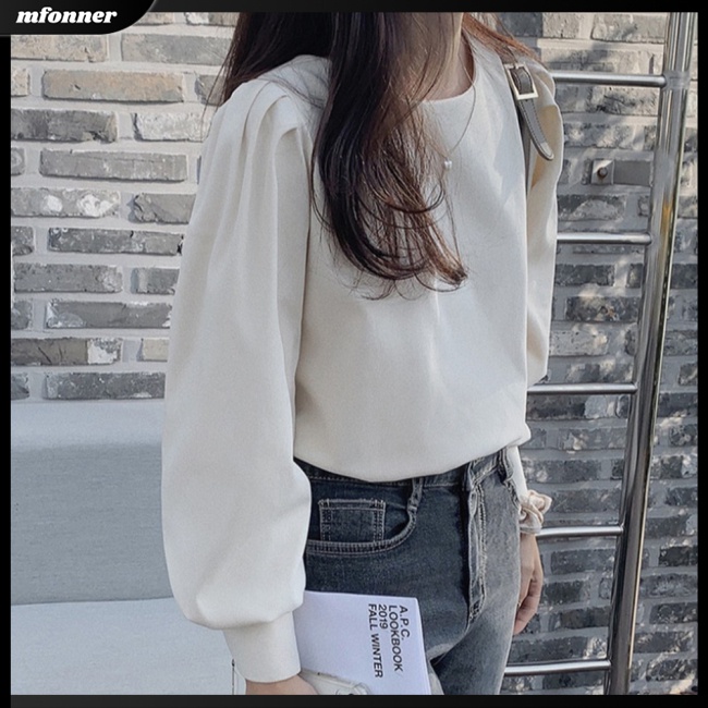 Áo Sơ Mi Tay Dài Phồng Cổ Tròn Màu Sắc Đơn Giản Thoáng Khí Dành Cho Nữ