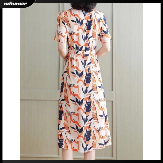 Đầm Midi Tay Ngắn Cổ Tròn Buộc Eo In Họa Tiết Lãng Mạn Thời Trang Cho Nữ