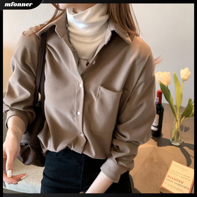 Áo Sơ Mi Tay Dài Dáng Rộng Cài Khuy Kiểu Cổ Điển Thời Trang Công Sở Cho Bạn Gái