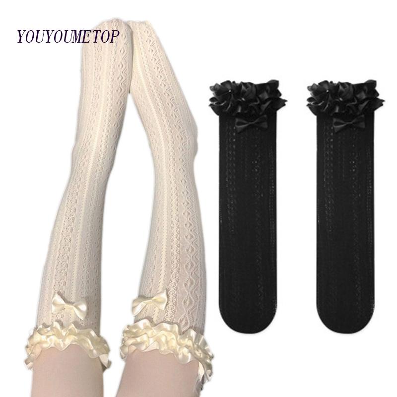 Vớ Dài Qua Gối Vải Satin Họa Tiết Sọc Ngọt Ngào Dành Cho Nữ