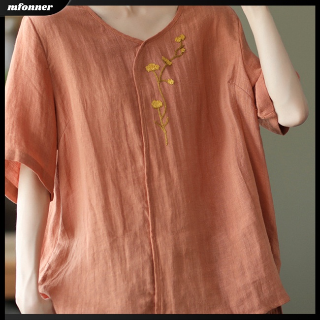 Áo Thun Cotton Lanh Chui Đầu Dáng Rộng Cổ Tròn Màu Trơn Thêu Họa Tiết Dân Tộc Kiểu Retro Cho Nữ